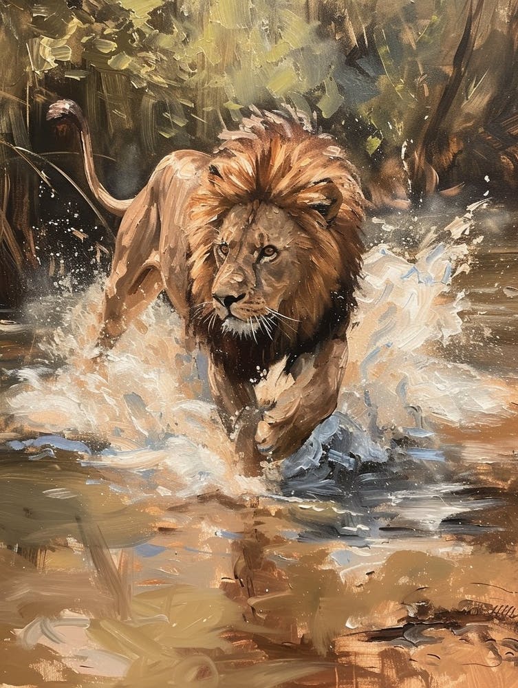 African Lion Crossing A River Acrylic Painting 4