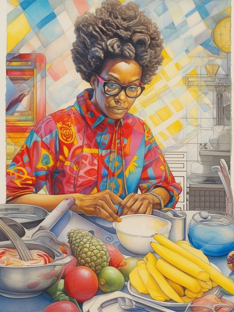 Afro Cooking Pencil Drawing Patchwork 5