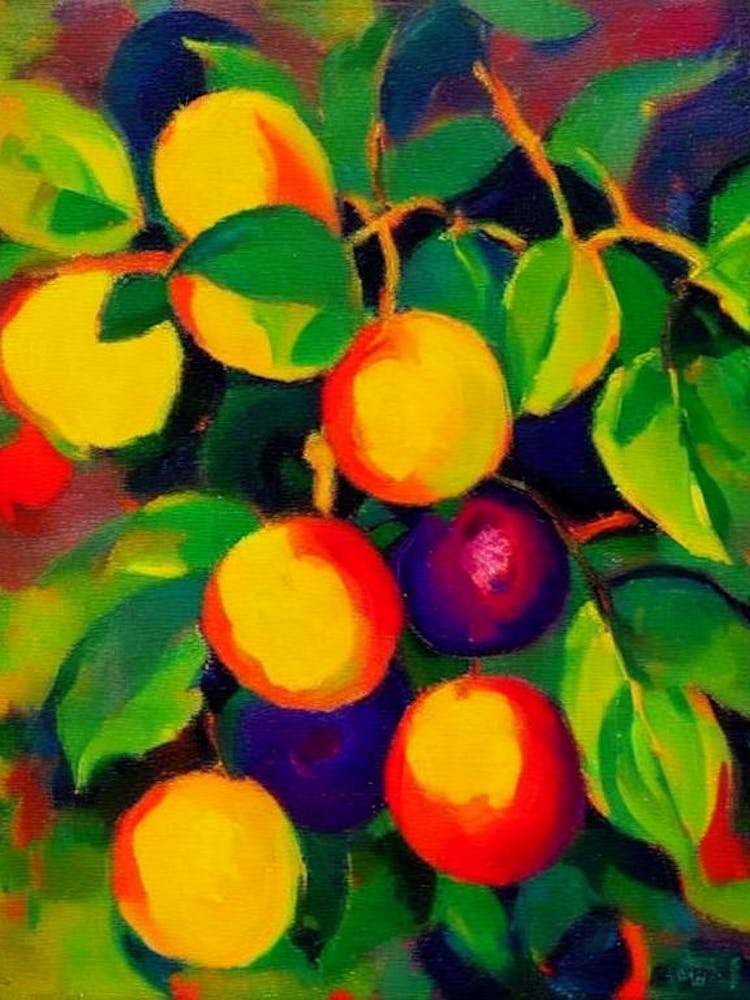 Prune, Peinture vibrante de fruit inspirée par Matisse