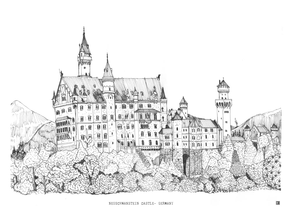 Neuschwanstein Castle - Croquis de Paysage de Bavière - Art de Voyage Allemand au Trait Fin