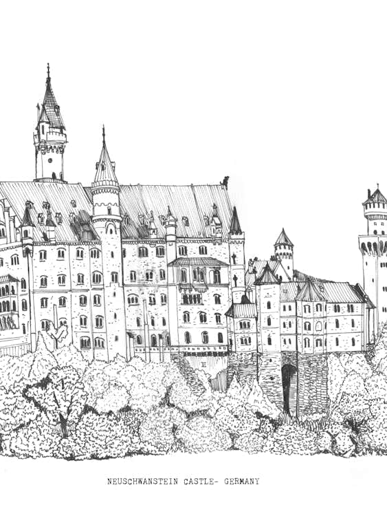 Neuschwanstein Castle - Bavaria Landscape Sketch - Fine Line Germany Travel Art