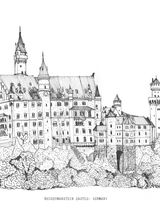 Neuschwanstein Castle - Bavaria Landscape Sketch - Fine Line Germany Travel Art