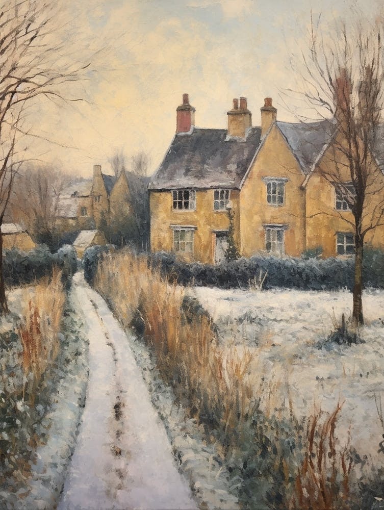 Vintage Winter Painting Cotswolds United Kingdom 3