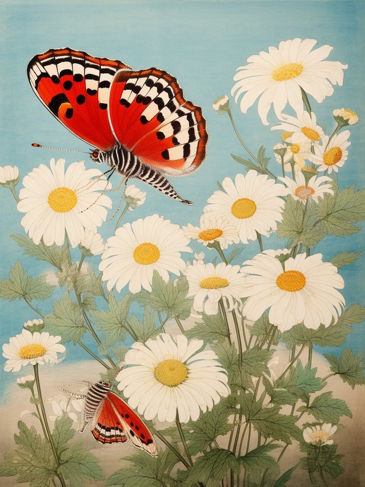 Butterflies In The Daisies Japanese Style Painting 2