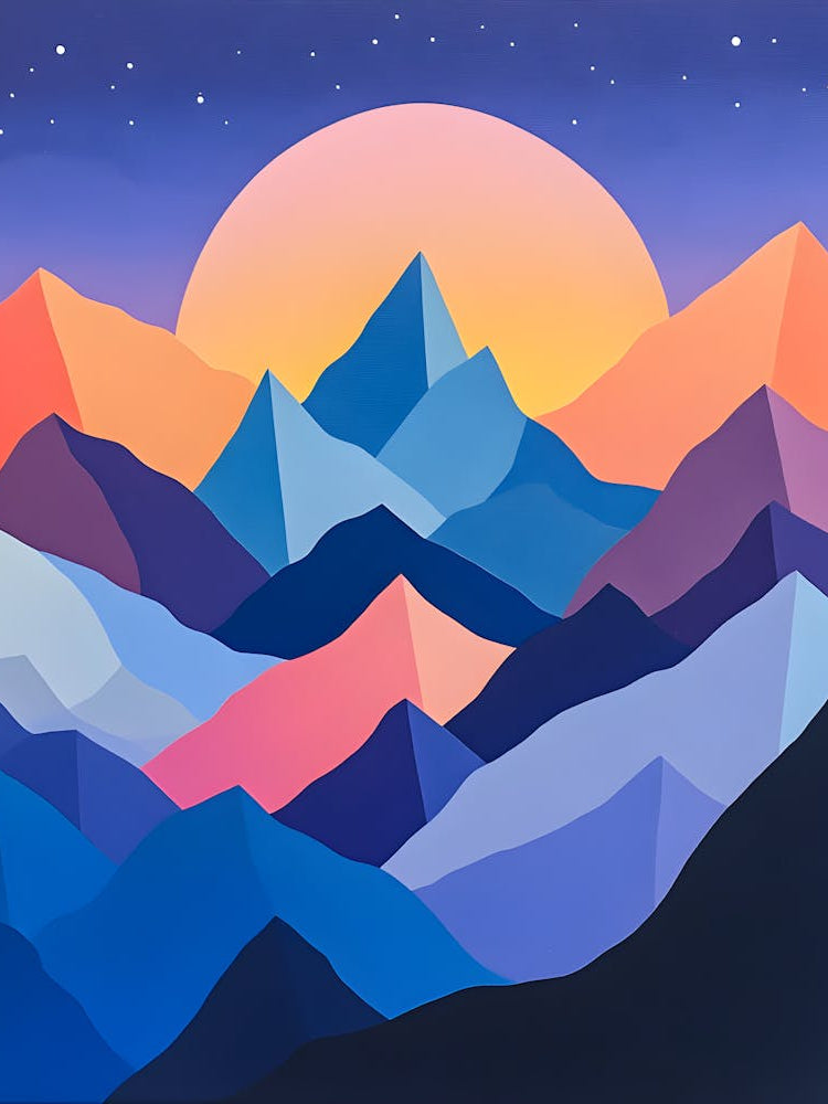Geometric Mountain Sunset Print Minimalist Landscape Wall Art Modern Nature Artwork Vibrant Gradient Peaks Boho Travel Decor