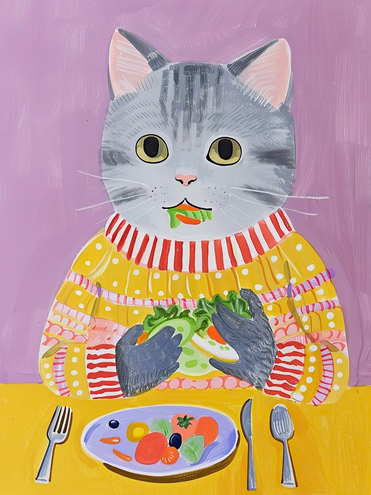Blaue Katze isst Salat Volksillustration 1