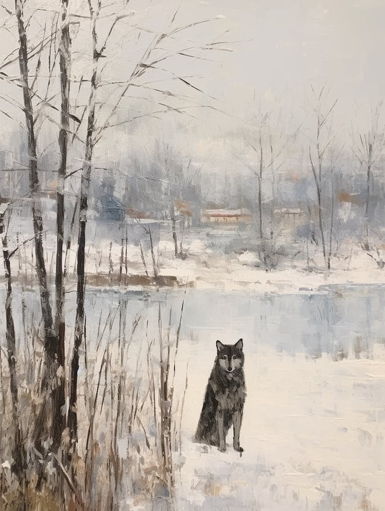 Vintage Winter Animal Painting Gray Wolf 3