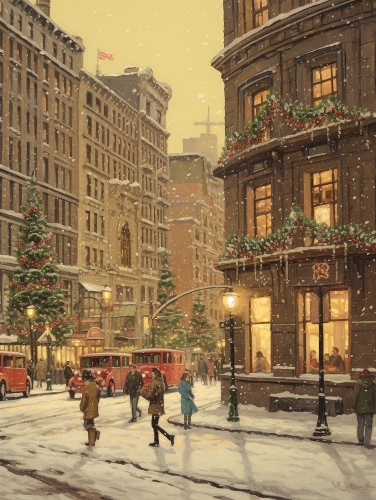 Vintage Winter Illustration New York City Usa 7