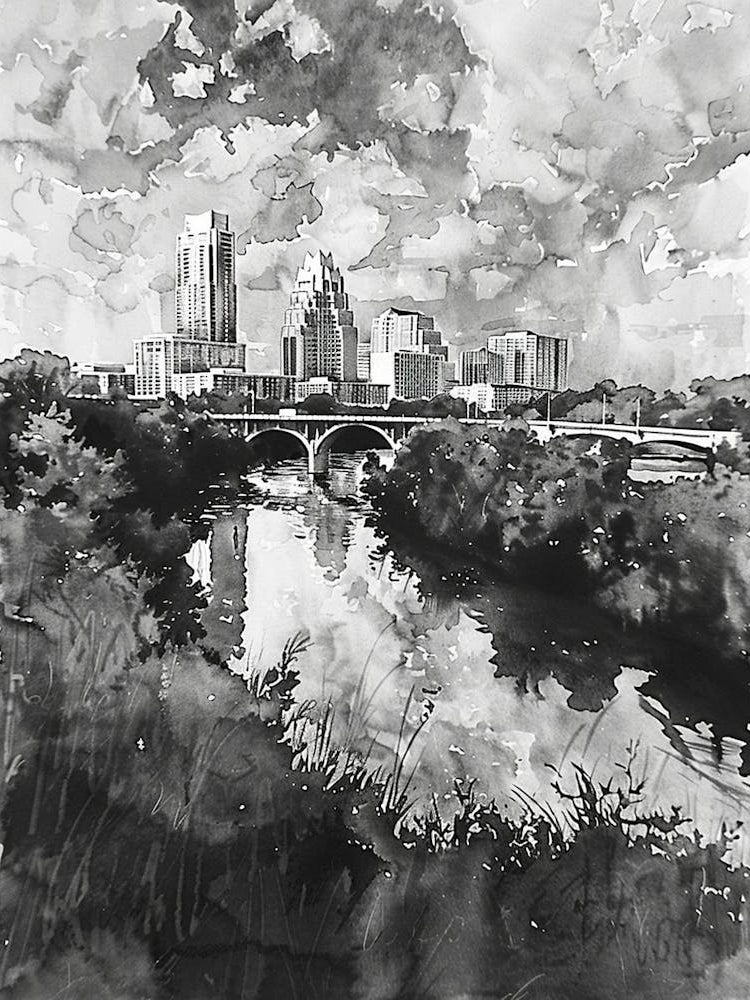 Red River Cultural District Austin Texas Black And White Watercolour 1
