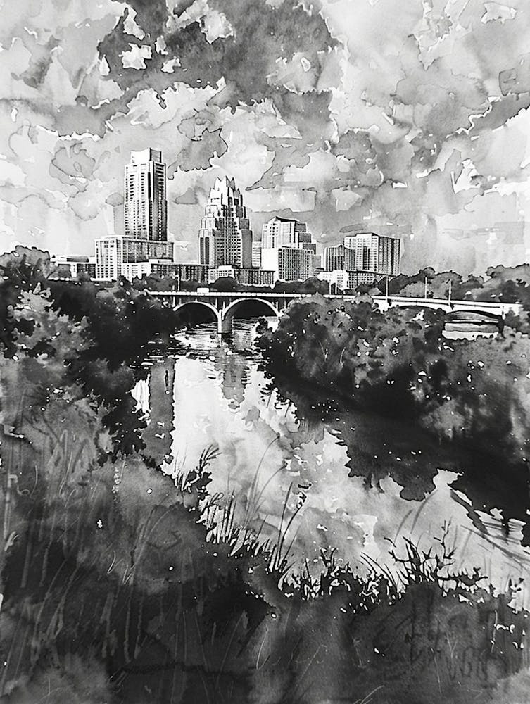 Red River Cultural District Austin Texas Black And White Watercolour 1