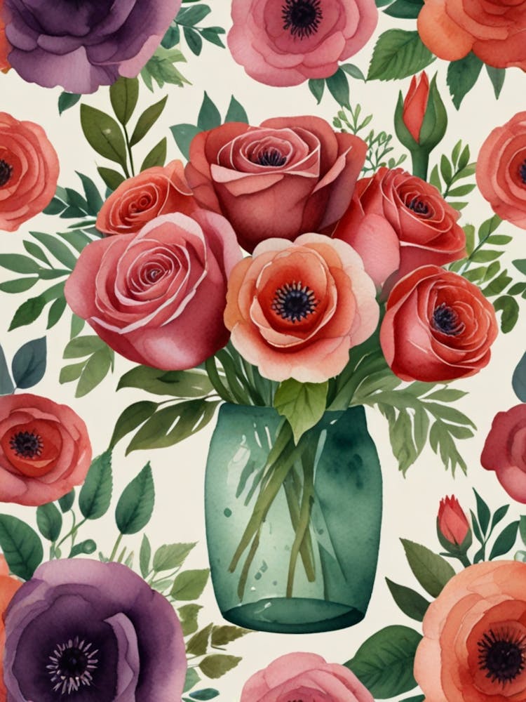 Watercolor Roses In A Vase
