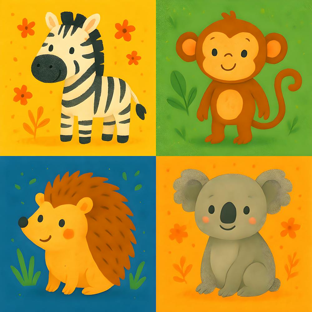 Colorful Animal Nursery Art – Zebra, Monkey, Hedgehog & Koala – Vibrant Kids Room Prints, Playful Safari & Woodland Decor, Baby Shower Gift