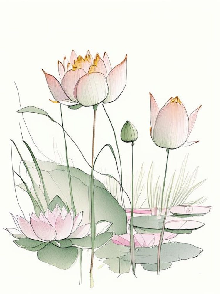Lotus Flowers In Park Pencil Illustration 6