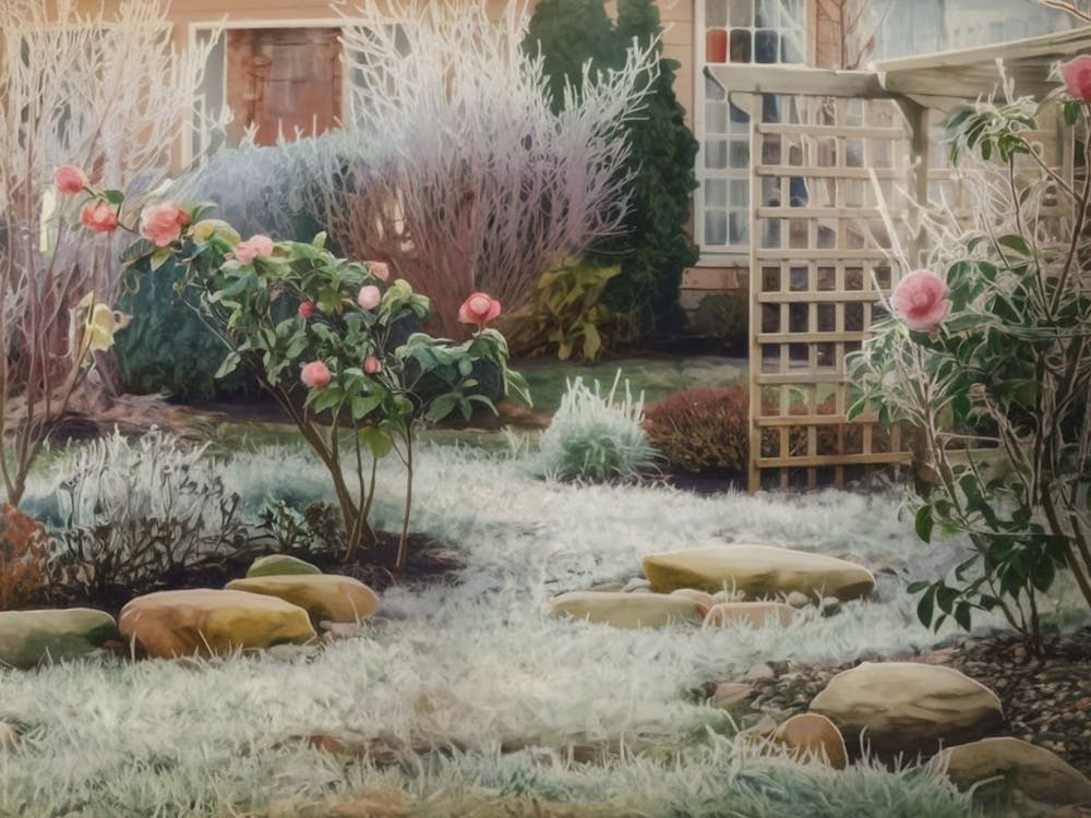 Frosted Garden Path - Winter Camellias & Stone Pathway
