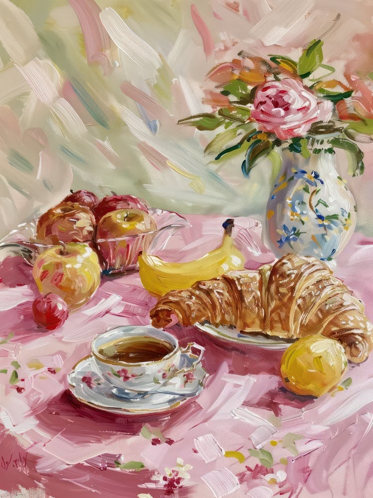 Rosa Frühstück Essen Brot, Croissants Und Früchte 1