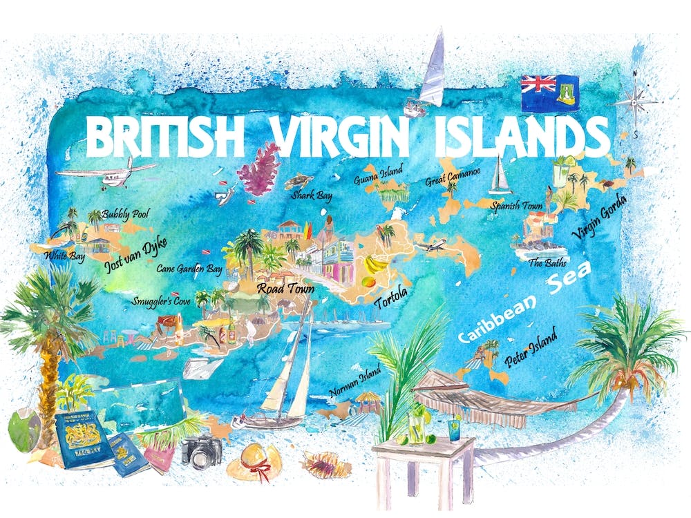 British Virgin Islands Illustrated Travel Map With Roads And Highlights