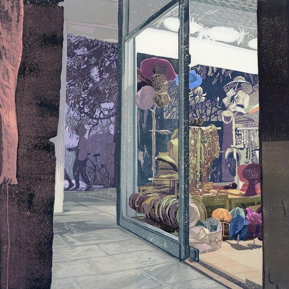 Paris Beret Shop Reduction Linocut