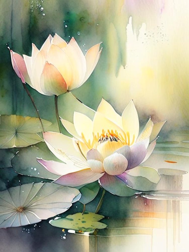 Lotus Flowers In Park Storybook Watercolour 2