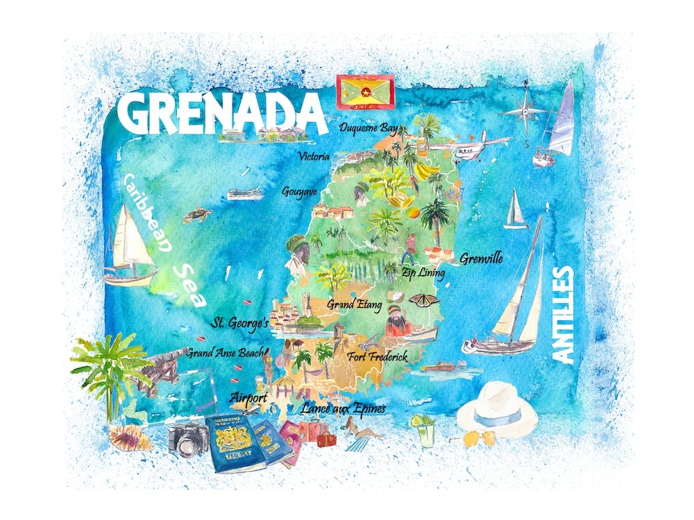 Grenada West Indies Illustrated Travel Map With Roads And Highlights