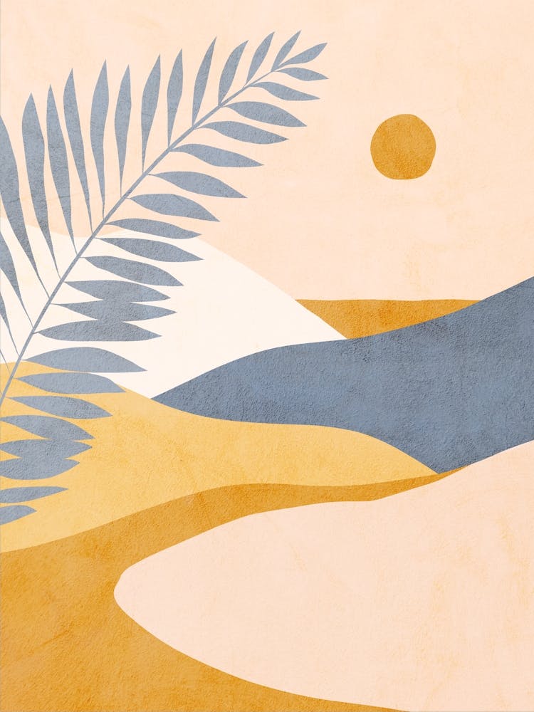 Mid Mod Boho Tropical Summer Landscape Peach Fuzz, Blue, ochre