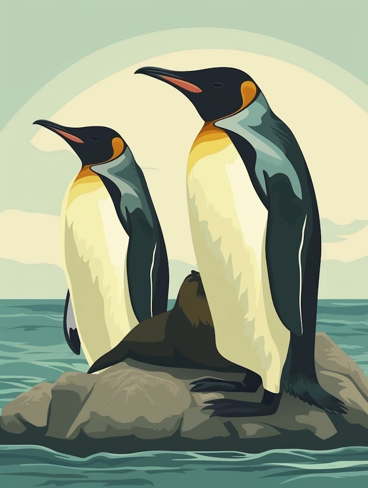 King Penguin Sea Lion Island Minimalist Illustration 3