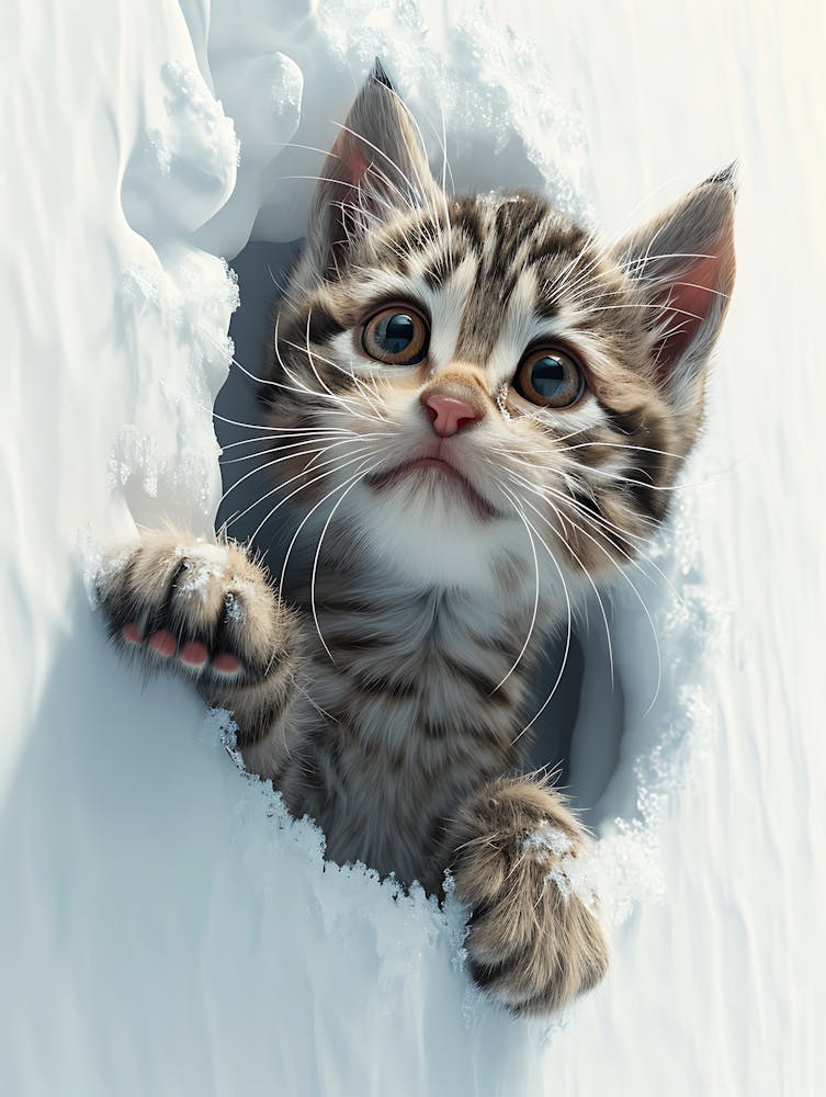 Süße Kätzchenkatze Späht aus dem Schnee 5