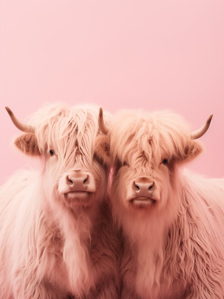 Two Highland Cows Pink Portrait 1