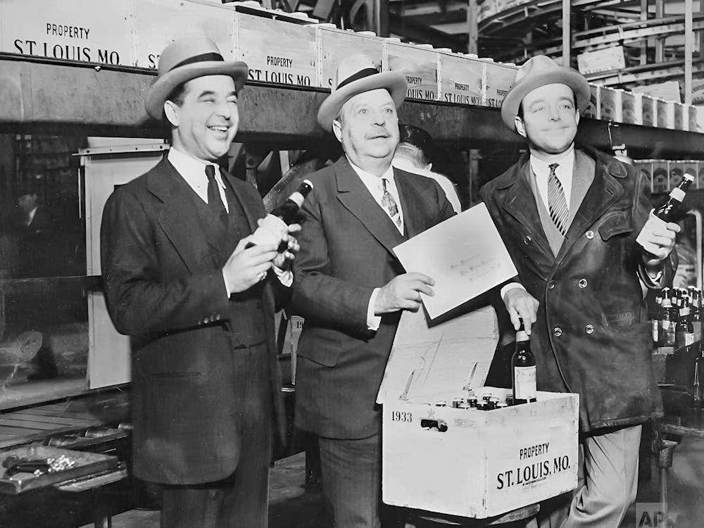 Prohibition, Men in Beer Bottle Factory, Vintage Black and White Old Photo, Bar Cart Decor