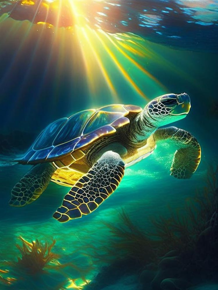 Sea Turtle In Deep Ocean, Sea Turtle Monet Inspired 1