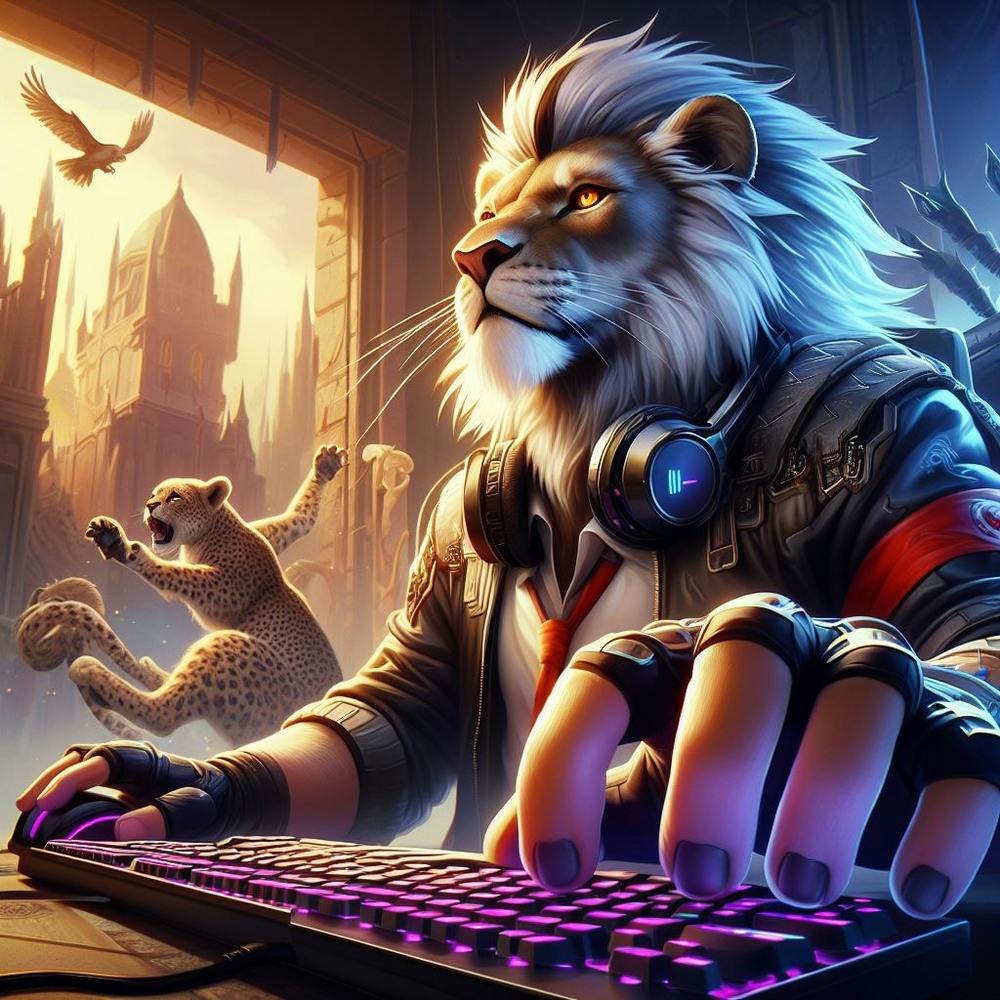 Lion Playing A Computer