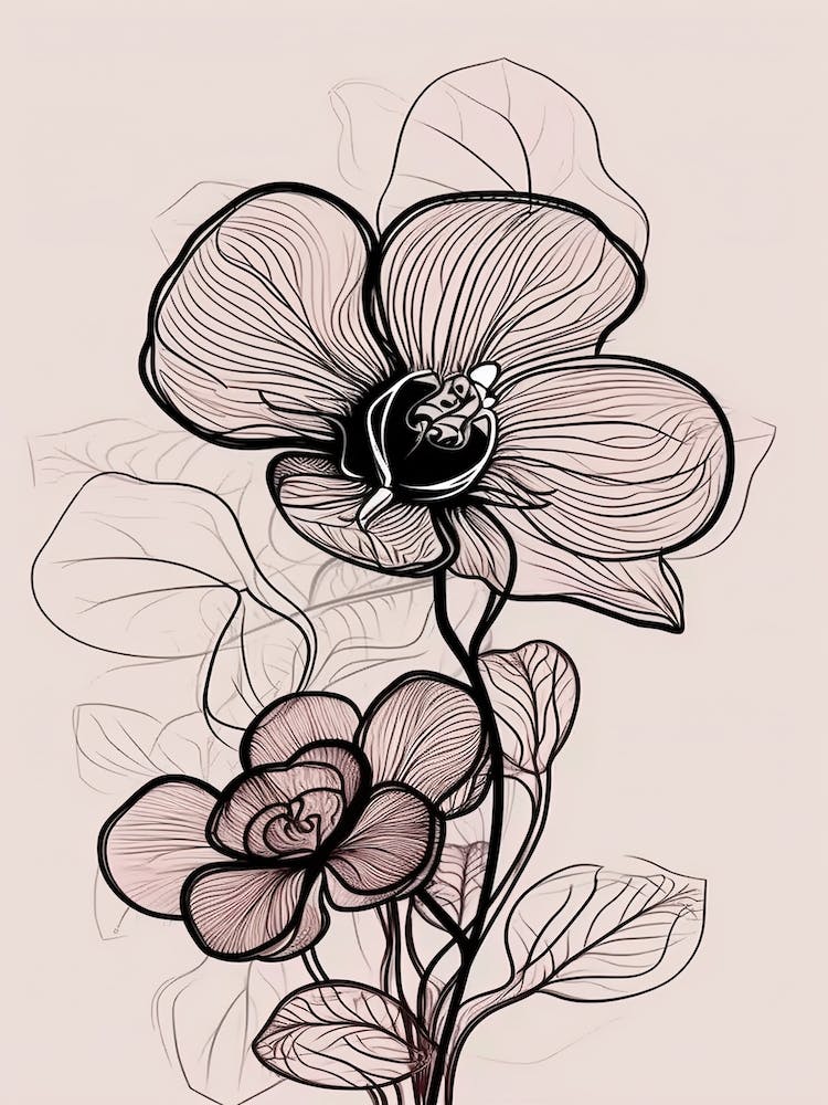 Line Art Orchids Flowers Illustration Neutral 20