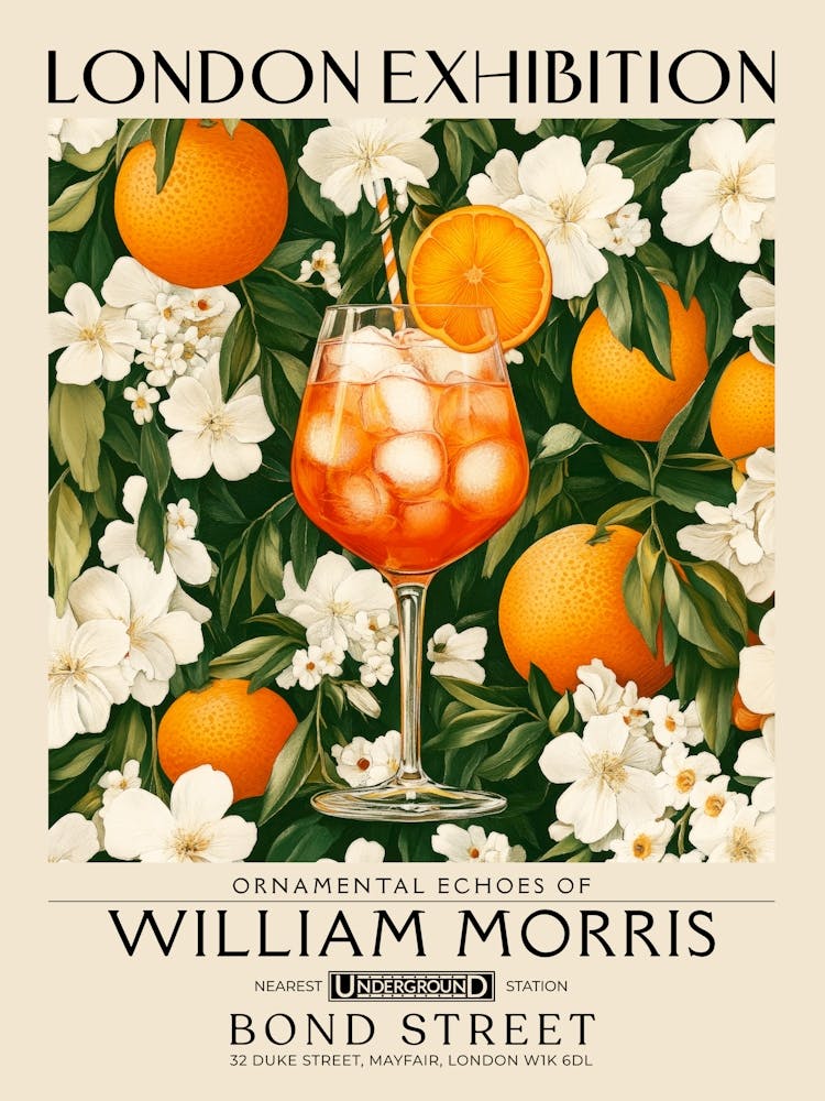 Aperol Spritz cocktail print William Morris style maximalist floral art, summer inspired drink wall art vintage botanical still life eclectic decor for bar cart, living room, kitchen, dining room 17
