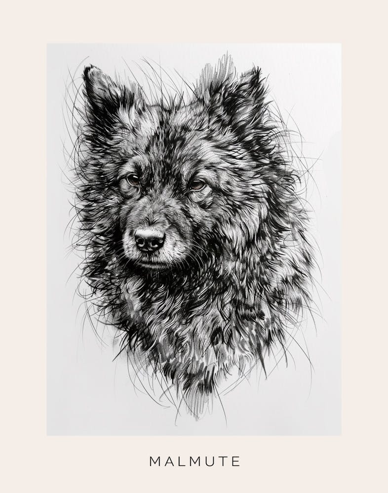 Malmute Furry Dog Line Sketch 1 Poster