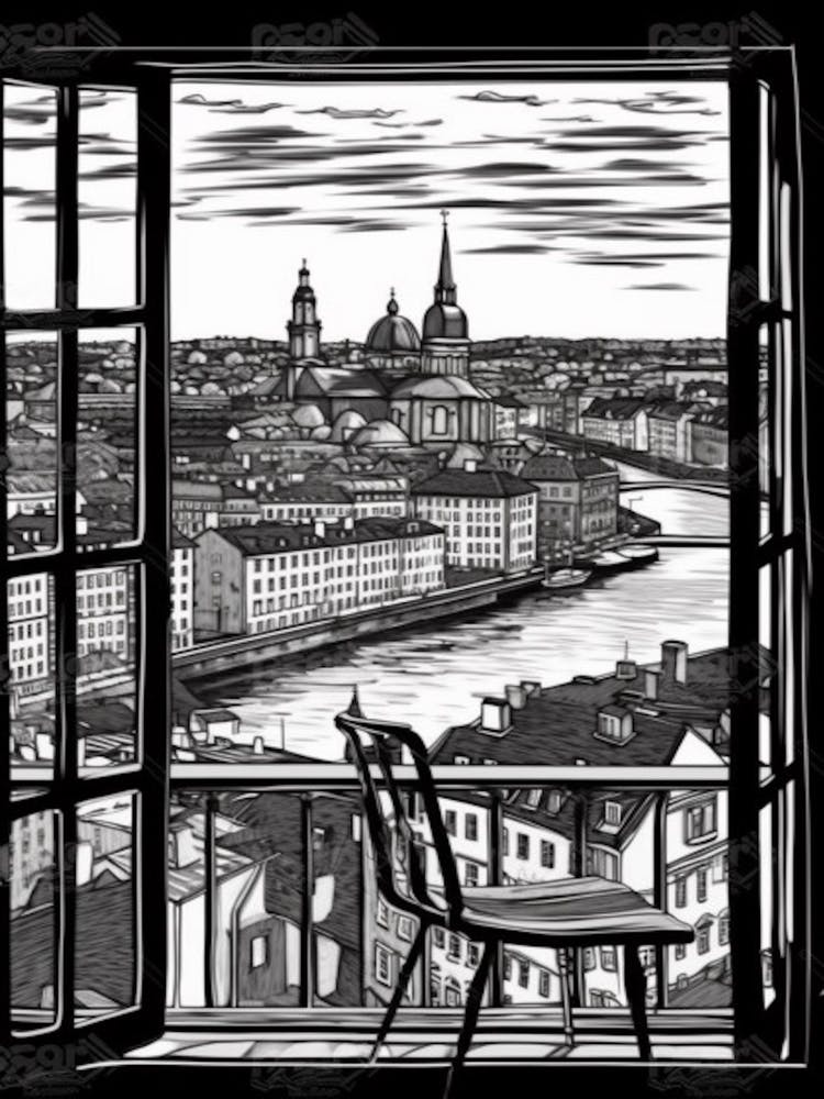 Window View Of Stockholm Sweden   Black And White Colouring Pages Line Art 3