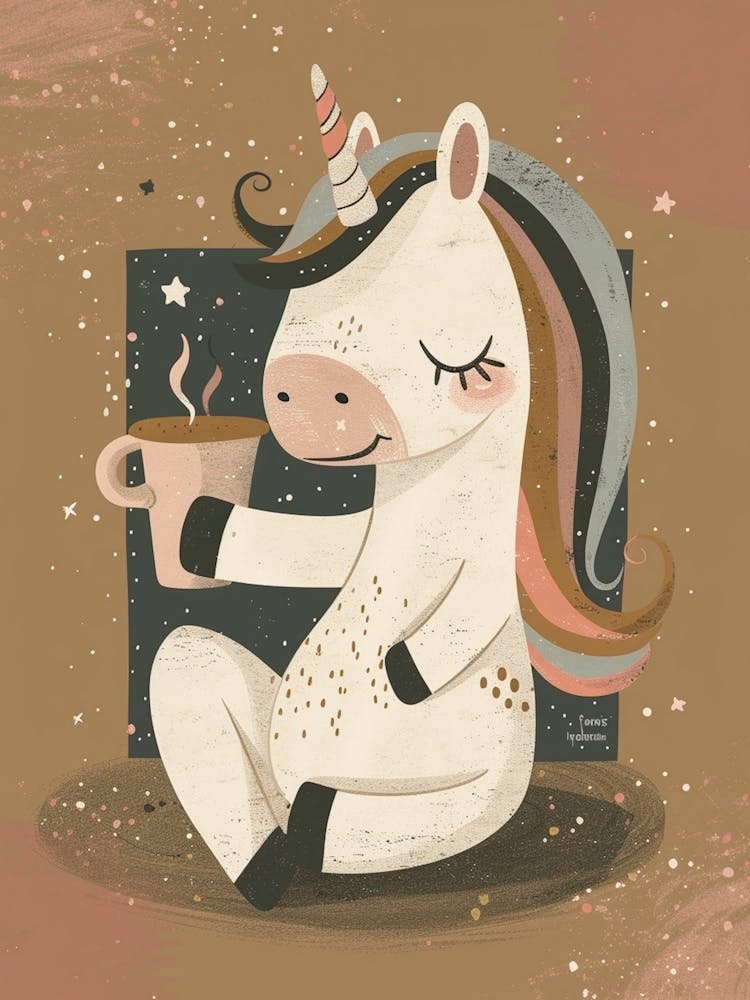 Unicorn Drinking A Coffee Mocha Muted Pastels