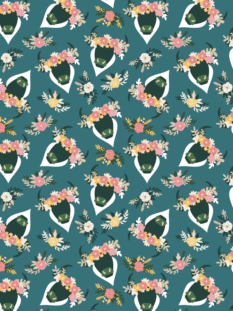 Green Bulls with Flower Crowns on Teal