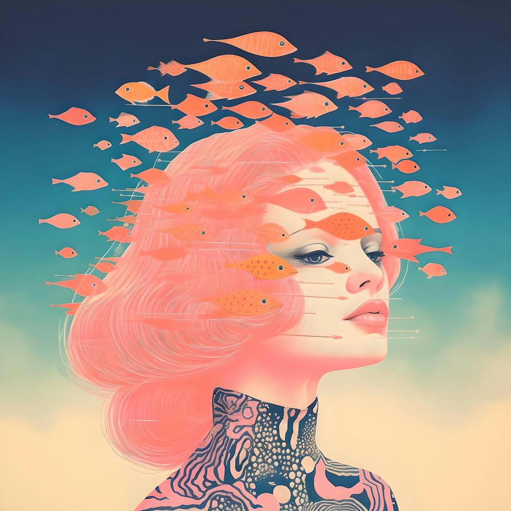 Risograph Style Surreal Woman & Fish, Candy Colours