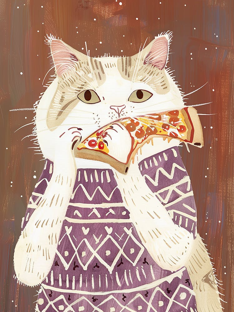 Cute White Cat Pizza Lover Folk Illustration 3