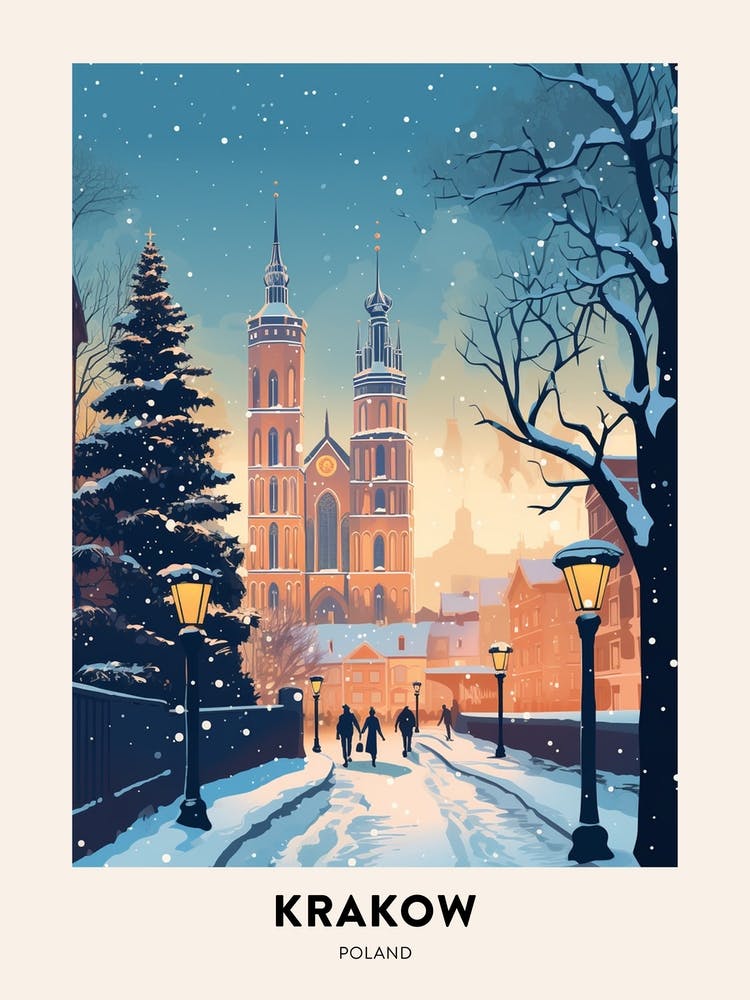 Winter Night  Travel Poster Krakow Poland 1