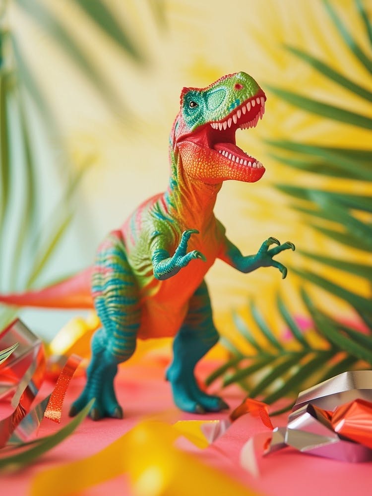 Spielzeug-Dinosaurier T-Rex mit Pflanzen