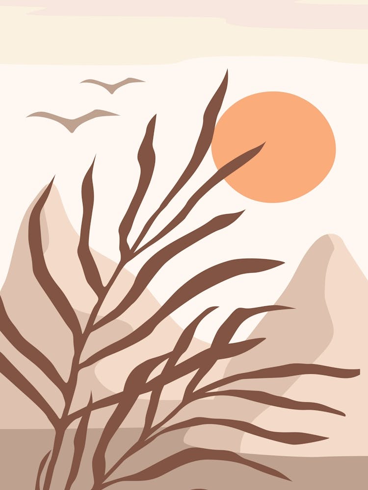 Sunset In The Mountains. Morocco - boho travel pastel vector minimalist poster