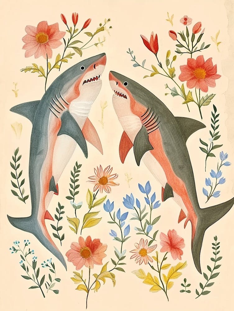 Folksy Floral Animal Drawing Shark