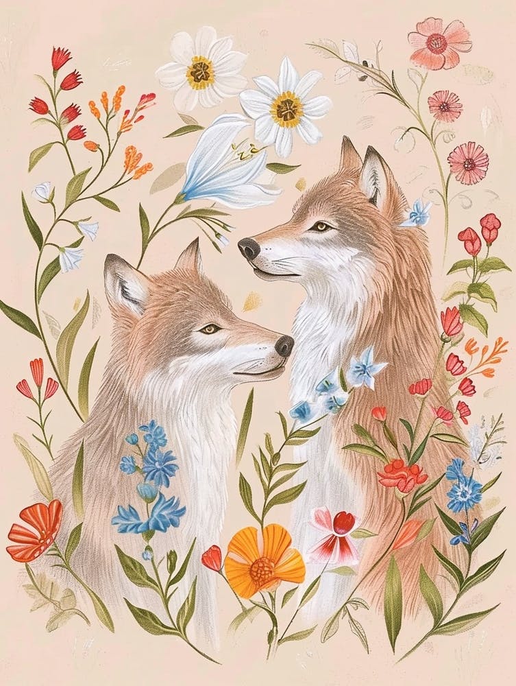 Folksy Floral Animal Drawing Wolf 3