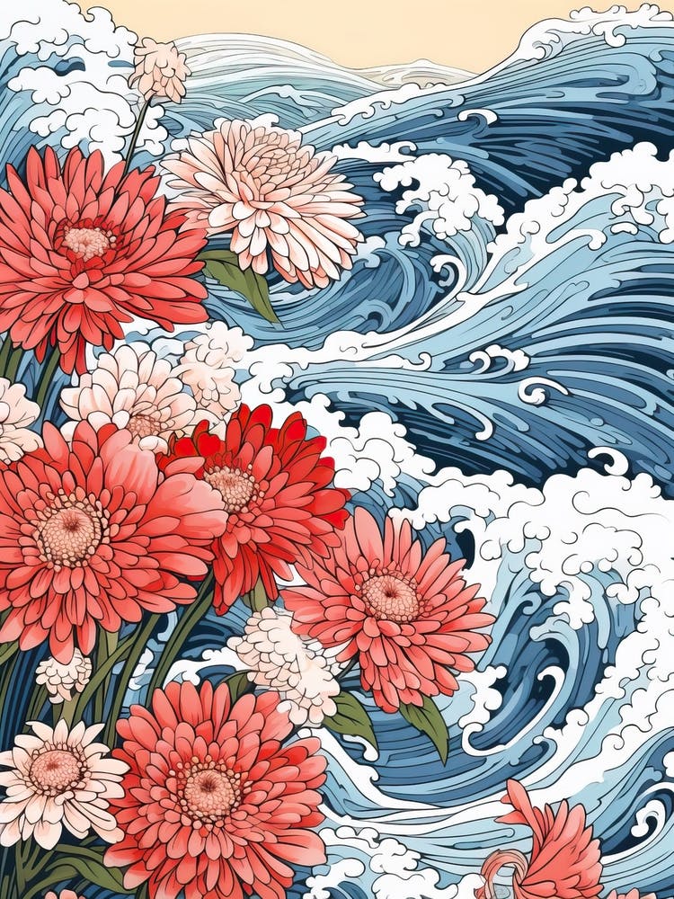 Great Wave With Dahlberg Daisy Flower Drawing In The Style Of Ukiyo E 2