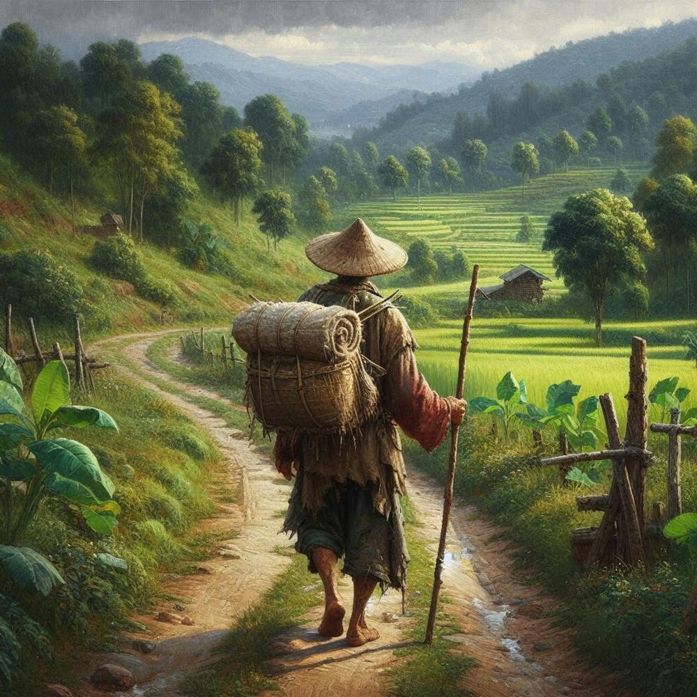An old, poor man walking down the Japanese valley