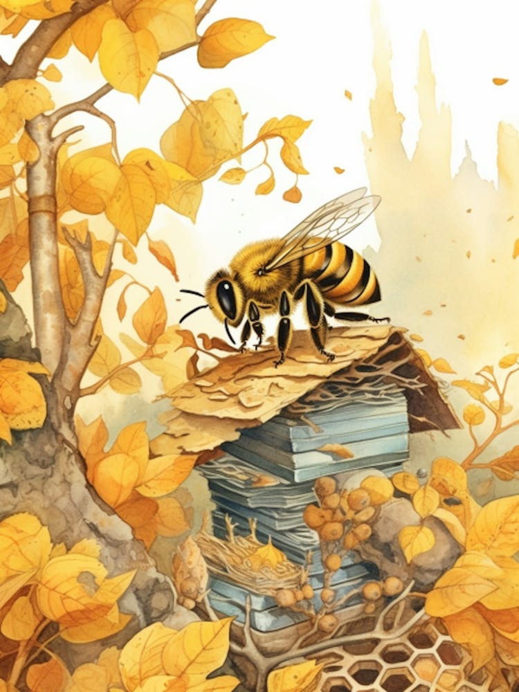 Western Miner Bee Beehive Watercolour Illustration 2