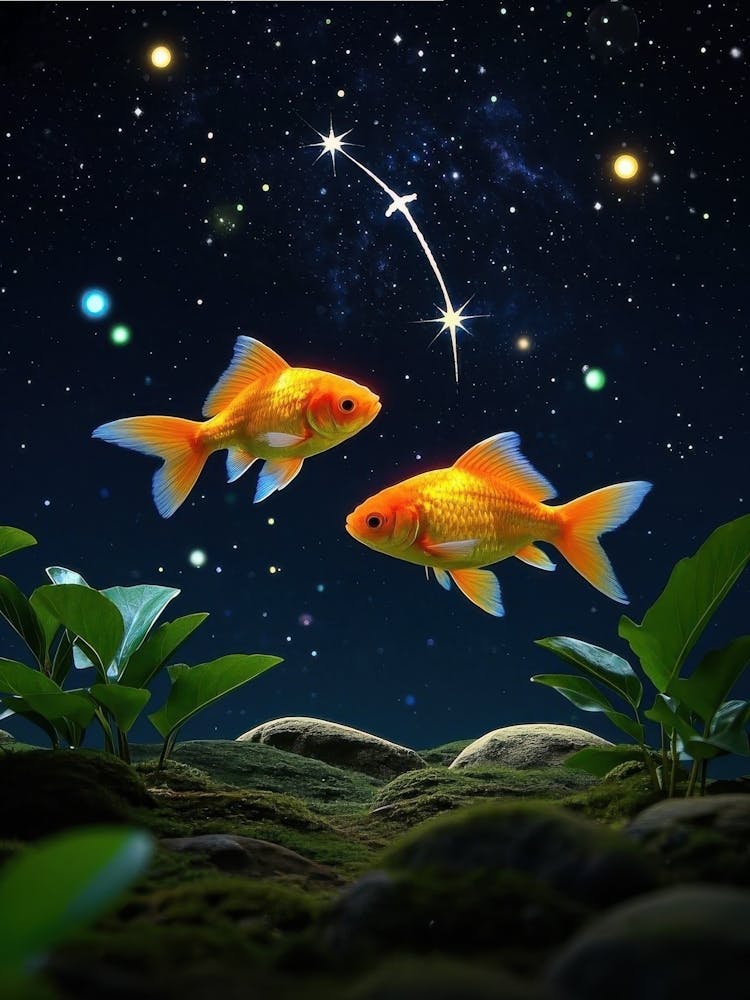 Two Goldfish Swimming In The Night Sky