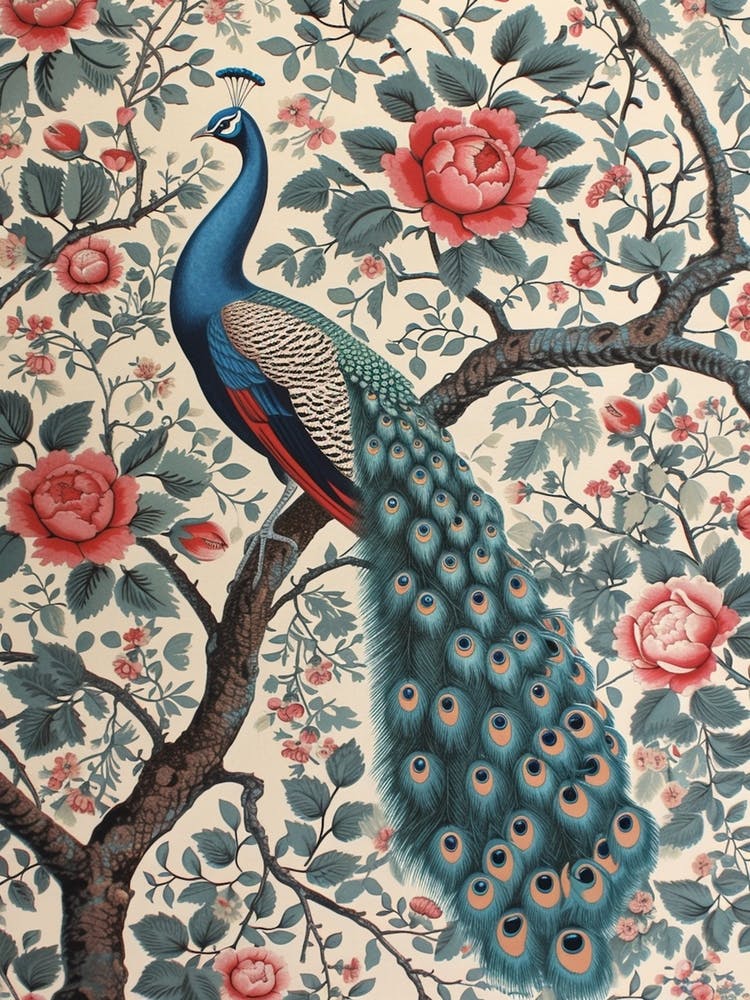 Cream & Red Peacock Wallpaper 1