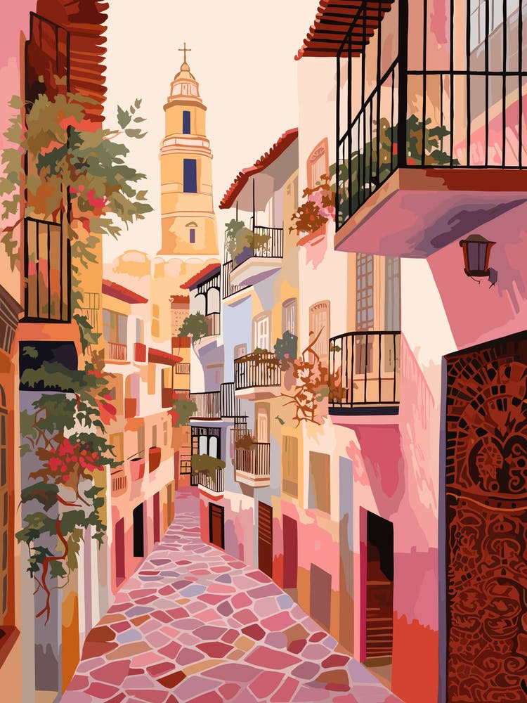 Seville Spain 5 Vintage Pink Travel Illustration