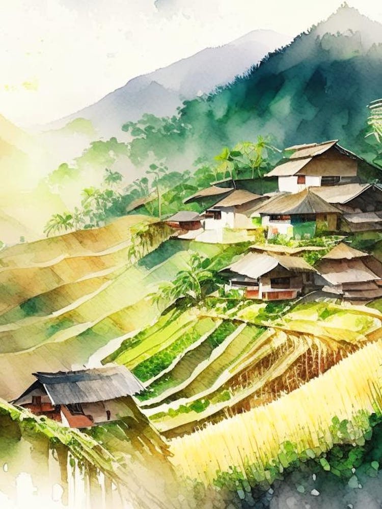 Banaue Reisterrassen Philippinen Aquarell Pastell Tropisches Reiseziel